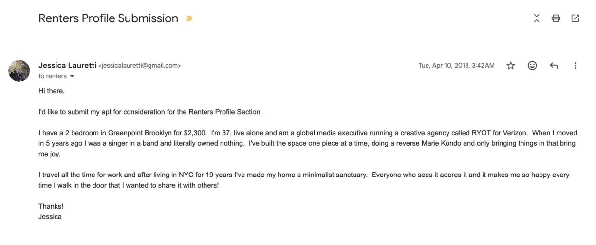 Email pitch to New York Times Renters section